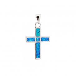 Cross pendant in 925 silver with blue opal + silver chain approx. 50 cm