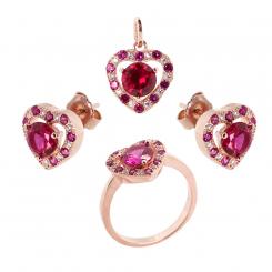 Jewelry set in 925 silver with red and white zirconia: stud earrings, pendant &amp; ladies' ring