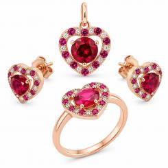Jewelry set in 925 silver with red and white zirconia: stud earrings, pendant &amp; ladies' ring