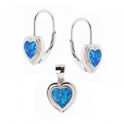 Jewelry set in 925 silver: heart-shaped earrings and pendant with blue opal
