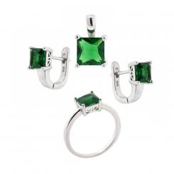 Комплект украшений из серебра 925 пробы с зелеными циркониями: серьги + подвеска + женское кольцо