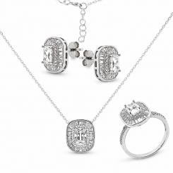 Jewelry set in 925 silver with zirconia: stud earrings + necklace with pendant + ring