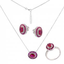 Jewelry set in 925 silver with red and white zirconia in oval or drop shape