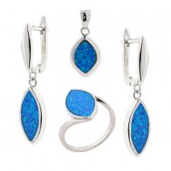Jewelry set in 925 silver with blue opal: earrings + pendant + ring