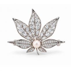 Florale Brosche aus Silber 925 mit Zirkonia und Perlenakzent, ca. 4 x 3 cm