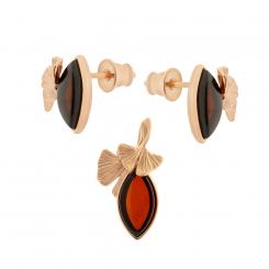 Set: stud earrings+pendant rose gold plated 925 silver with cherry amber