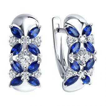 Серебряные серьги 925 пробы с гидротермальными сапфирами и фианитами