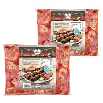 Schaschlik-Komplettset – marinierter Schweinenacken, Lavash, Beilagen & Wodka