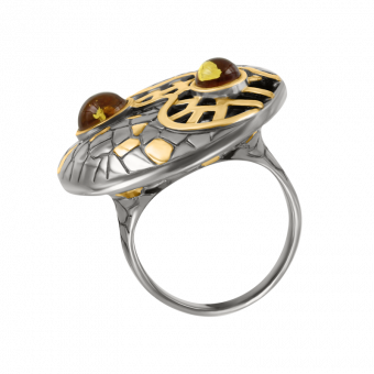 Damenring aus Silber 925, vergoldet, rhodiniert, mit Bernstein, Durchmesser ca. 28 mm