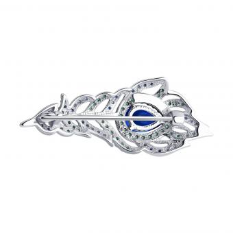 Брошь "Перо павлина" из серебра 925 пробы с фианитами, длина ≈ 36 мм