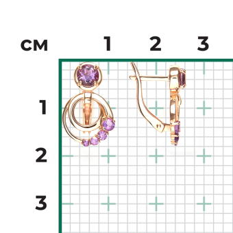 Очаровательные серьги из русского красного золота 585 пробы, с аметистами, диаметр ≈ 5-10 мм, высота ≈ 18 мм