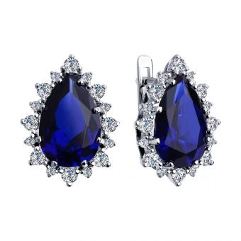 Серебряные серьги с корундом сапфировым (синт.) и фианитами