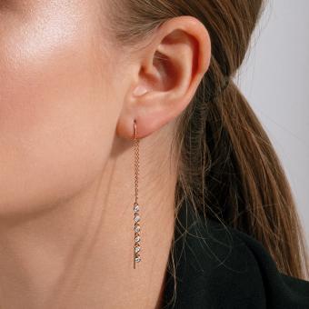 Threader earrings, russian red gold 585, with cubic zirconia, length approx. 65 mm
