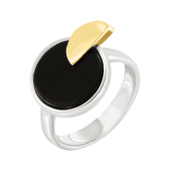 Elegant women's ring, silver 925, decorative element - gilded in yellow gold, with onyx