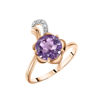 Beautiful women's ring, russian red gold 585, with amethyst and zirconia, weight approx. 2,8 gr.