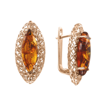 Elegant earrings in russian red gold 585, with amber, height approx. 27 mm