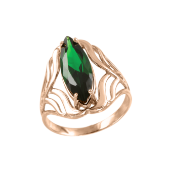 Charming women's ring, russian red gold 585, with green zirconia
