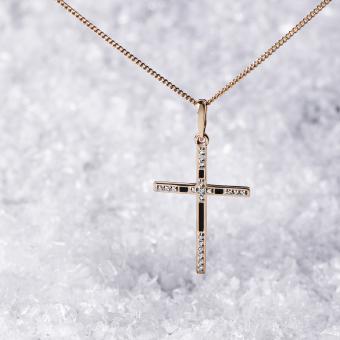 Elegant cross pendant, russian 585 red gold, with zirconia and enamel, height approx. 35 mm