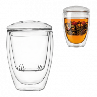 3-in-1 Double-Walled Glass Insulated Mug with Tea Strainer and Lid, 350 ml