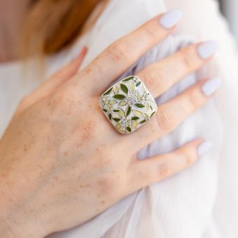 Erstaunlicher Damenring, Silber 925, mit grünem Emaille, mit grünen und farblosen Zirkonia