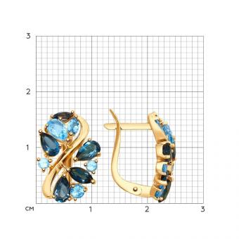 Золотые серьги 585 пробы с голубыми и синими топазами