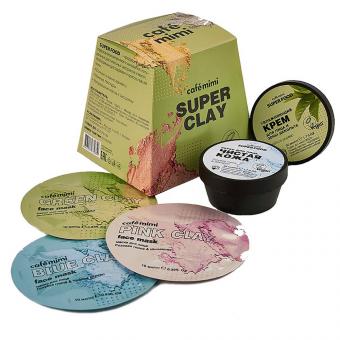 café mimi gift set Super CLAY 3 face masks+peeling+face cream, 130 ml