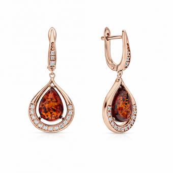 Набор из серебра 925 пробы с янтарём и фианитами - серьги, подвеска и кольцо