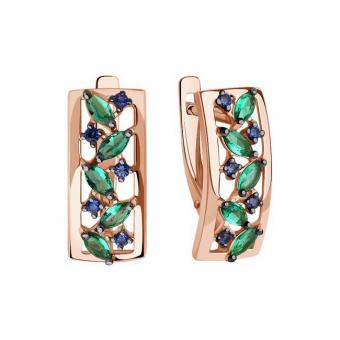 Серьги из золота 585 пробы с зелёными и синими фианитами