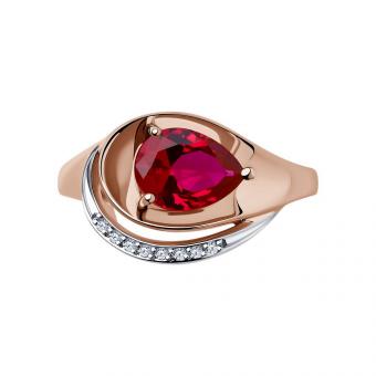 Sokolov Кольцо из красного золота 585 пробы с красным синтетическим рубином и фианитами