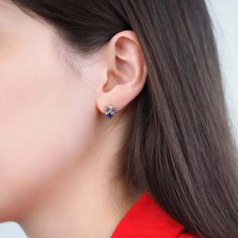 Серьги-гвоздики "Сова" из серебра 925 пробы с черным цирконием и синими сапфирами синт.