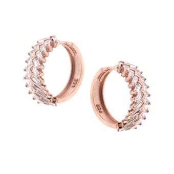 Creoles in 925 silver in herringbone pattern with zirconia, rose gold-plated