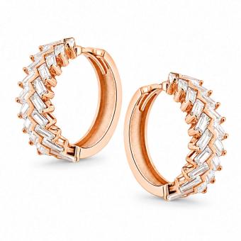 Creoles in 925 silver in herringbone pattern with zirconia, rose gold-plated