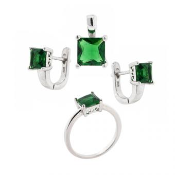 Schmuckset aus 925 Silber mit grünen Zirkonia: Ohrringe + Anhänger + Damenring