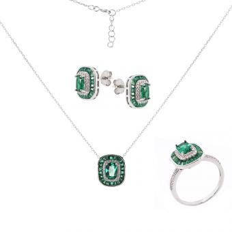 Schmuckset aus 925 Silber mit Zirkonia: Ohrstecker +Kette mit Anhänger +Ring
