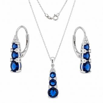 Schmuckset: Kette, Anhänger & Ohrringe aus 925 Silber mit Zirkonia, rot oder blau