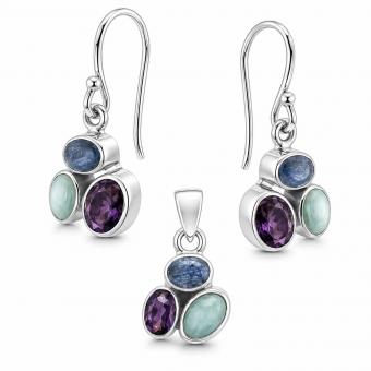 Set: earrings + pendant made of 925 silver with colorful stones, in two color variations