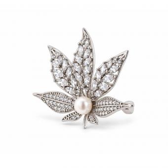 Florale Brosche aus Silber 925 mit Zirkonia und Perlenakzent, ca. 4 x 3 cm