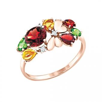 Комплект украшений из красного золота 585 пробы - кольцо и серьги с миксом камней