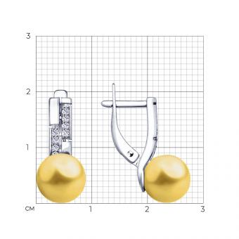 Серебряные серьги 925 пробы с жёлтым жемчугом Swarovski и фианитами