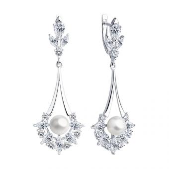 Серебряные серьги 925 пробы с жемчугом и фианитами