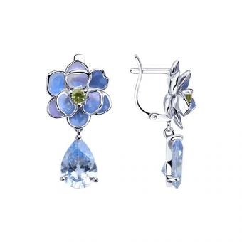 Sokolov Серьги из серебра 925 пробы с эмалью, хризолитами и фианитами