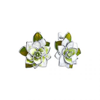 Sokolov Серебряные серьги 925 пробы в форме цветка с эмалью и фианитами