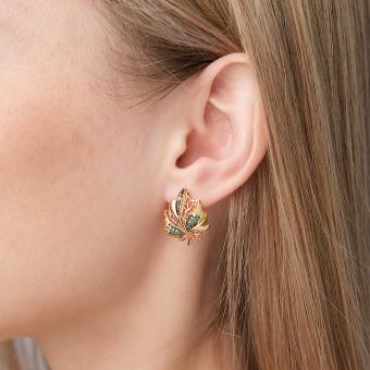 Earrings in leaf shape in rose gold 585, with colorless, yellow and green zirconia