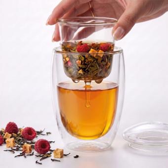 3-in-1 Double-Walled Glass Insulated Mug with Tea Strainer and Lid, 350 ml