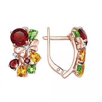 Комплект украшений из красного золота 585 пробы - кольцо и серьги с миксом камней