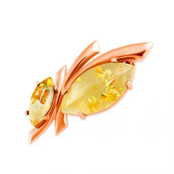 Брошь из серебра 925 пробы с янтарными камнями, позолоченная