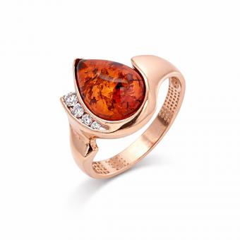 Набор из серебра 925 пробы с янтарём и фианитами - серьги, подвеска и кольцо