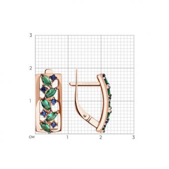 Серьги из золота 585 пробы с зелёными и синими фианитами