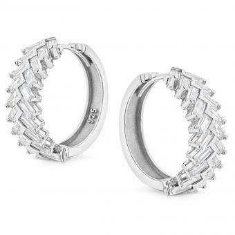 Creoles in 925 silver in herringbone pattern with zirconia, rose gold-plated