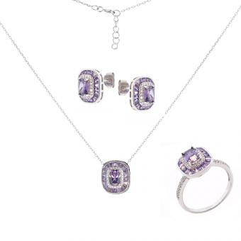 Schmuckset aus 925 Silber mit Zirkonia: Ohrstecker +Kette mit Anhänger +Ring